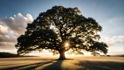 Obraz premium Majestic Oak Tree Silhouetted Against Golden Sunset in Rural Field