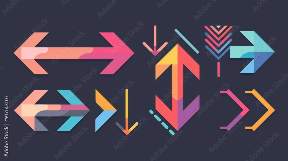 Poster imagine a set of arrows in various shapes and colors for a data visualization tool. describe how the