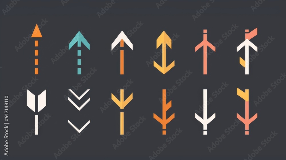 Poster imagine a set of arrows in various shapes and colors for a data visualization tool. describe how the