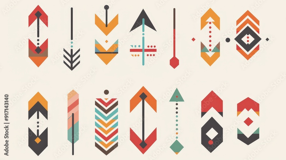 Poster imagine a set of arrows in various shapes and colors for a data visualization tool. describe how the