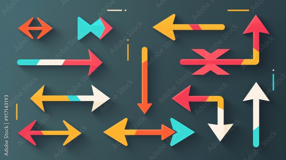 Poster imagine a set of arrows in various shapes and colors for a data visualization tool. describe how the