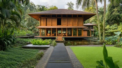 A traditional wooden house with a pond and stone path in the garden.