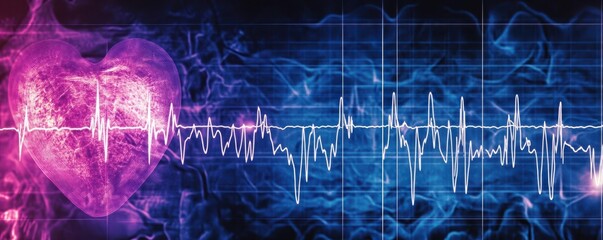 An EKG graph with abnormal readings next to a healthy heart image, visualizing arrhythmia, cardiovascular disease, diagnosis technology
