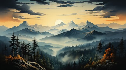 Obraz premium Fantasy landscape with mountains and coniferous forest at sunset nature background