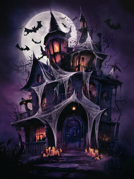happy halloween haunted mension covered with spider web generative ai