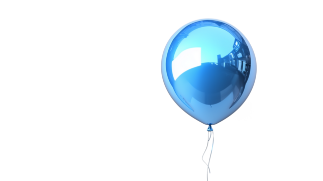 A flying blue balloon with a glossy, reflective surface, isolated on a white background. The balloon’s string is lightly swaying below it, adding a sense of movement. The background is pure white, wit