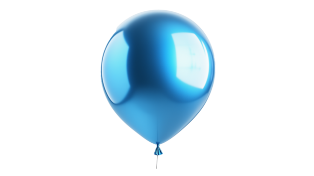A flying blue balloon with a glossy, reflective surface, isolated on a white background. The balloon’s string is lightly swaying below it, adding a sense of movement. The background is pure white, wit