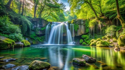 Serene Waterfall in Lush Forest Long Exposure Photography of a Cascading Water Feature Surrounded by Vibrant Greenery, waterfall, nature, long exposure, landscape, forest