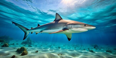 Fototapeta premium Shark Silhouetted Against Sunlight in the Ocean, Underwater Photography, Marine Life, Ocean, Shark