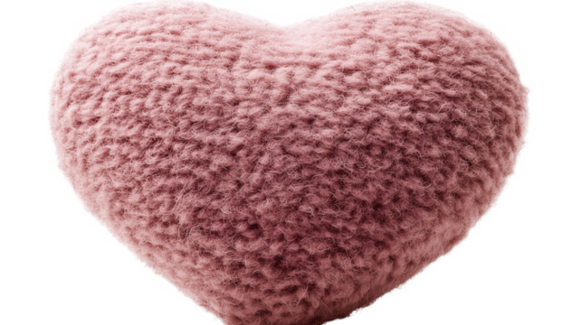 a pink color wool heart shape pillow, transparent background, PNG style, no background