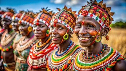 Fototapeta premium Smiling Woman in Traditional Beads and Headdress, Kenya, Colorful, Portrait, Beadwork, Africa, Culture