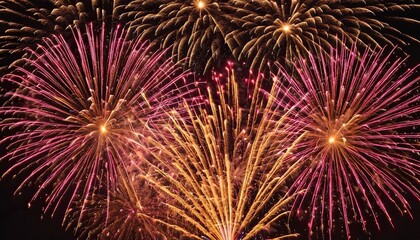 Fototapeta premium Fireworks over a City at night with dark sky background 29