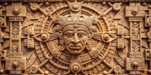 Stone Carving of a Mayan Deity, Detailed Composition, Carved Face in Relief, Ancient Civilization, Mayan, Aztec, Pre-Columbian