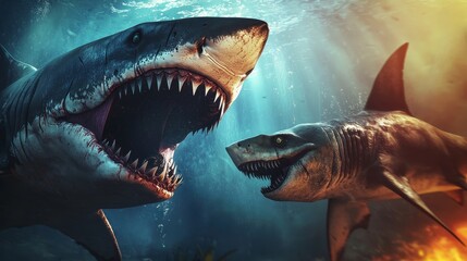 Obraz premium Dynamic underwater scene showcasing two ferocious sharks with gaping mouths, highlighting the beauty and danger of marine life.