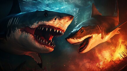 Obraz premium Dynamic underwater scene featuring fierce sharks showcasing their impressive teeth and hunting instincts.