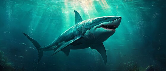 Obraz premium Majestic shark gliding through crystal-clear water beams, showcasing its powerful form and serene beauty beneath the waves.