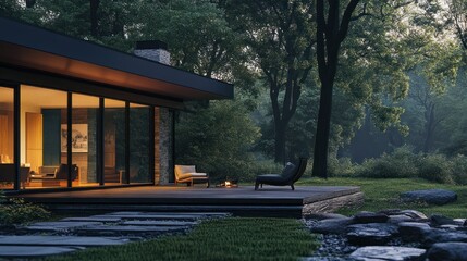 Obraz premium Modern house with a patio and fireplace overlooking a forest.
