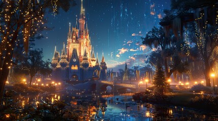 Obraz premium An enchanting castle with crystal spires, perched on a cliff above a serene, enchanted forest with shimmering lights
