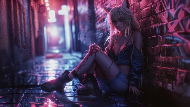 Anime-Style Character Sitting in a Neon-Lit Alleyway at Dusk