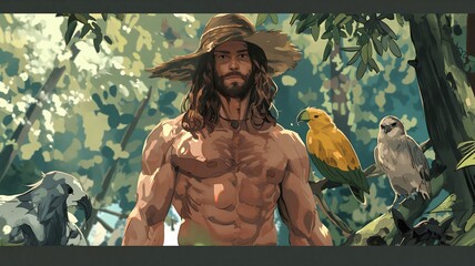 Muscular Man With Long Hair Standing in a Lush Jungle Accompanied by Exotic Birds at Daytime