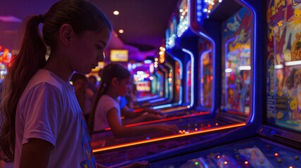 Young Girl Playing Pinball at a Vibrant Arcade Game Room During Evening