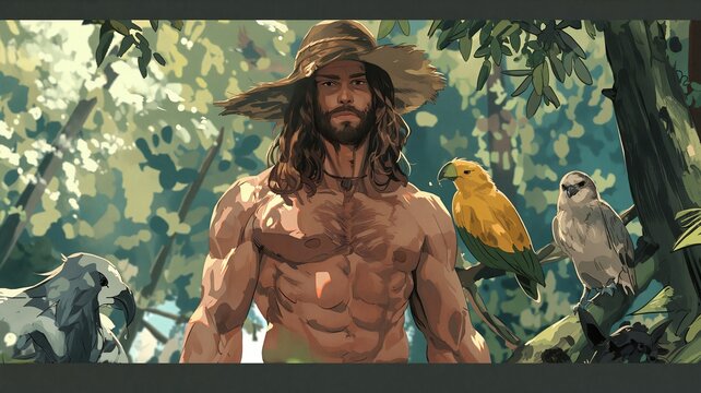 Muscular Man With Long Hair Standing in a Lush Jungle Accompanied by Exotic Birds at Daytime