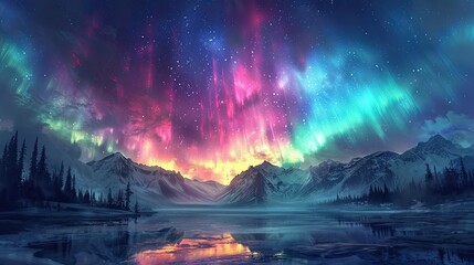 Obraz premium The night sky over a mystical landscape, with the aurora borealis creating a mesmerizing display of colors