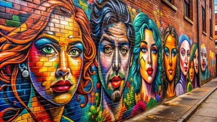 Obraz premium Urban Canvas A Wall of Faces - Graffiti Art, Street Art, Colorful Portraits, Brick Wall, , graffiti , murals