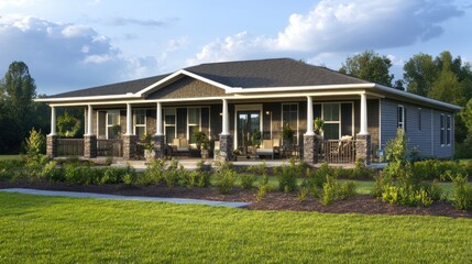 Obraz premium Modern suburban house with a wraparound porch and lush green lawn.