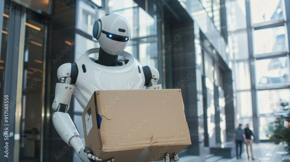 Aufkleber a robot is holding a cardboard box in a large building