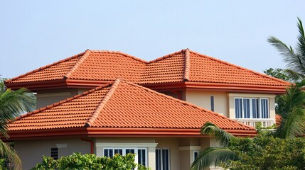 Red tile roof and white windows on a house with palm trees in the background.
