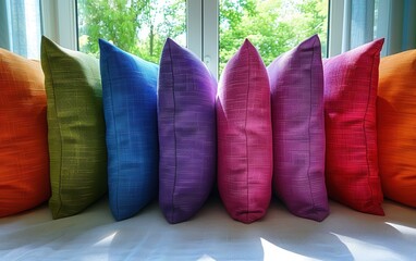 A row of colorful pillows are arranged on a couch. The pillows are in a rainbow order, with the colors starting from the left and going to the right. The arrangement creates a cheerful