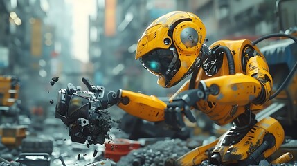Yellow Robot Holding Broken Head - 3D Illustration
