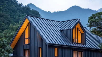 A modern black house with a metal roof and large windows illuminated from inside, set against a backdrop of lush green trees and a distant mountain range.
