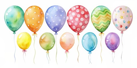 Watercolor Colorful Balloons with Polka Dots and Stripes, Illustration, Celebration, Decoration, Party ,balloon ,watercolor