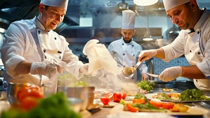 A group of chefs are working in a kitchen, preparing food. Scene is busy and focused, as the chefs are all working together to create a meal. The kitchen is well-equipped with various utensils.