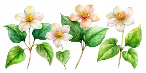 Fototapeta premium Watercolor Floral Arrangement of Pink and White Flowers, Watercolor, Flowers, Leaves, Floral Arrangement, Nature