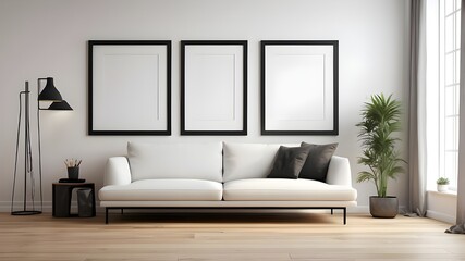 Mockup of a square black frame resting against a white interior with a hardwood floor. Generative AI