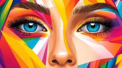 A colorful face with blue eyes and a rainbow nose