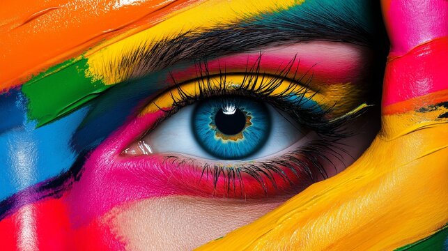 A woman's eye is painted with bright colors, creating a vibrant and colorful look. The eye is surrounded by a rainbow of colors, giving the impression of a rainbow-colored face