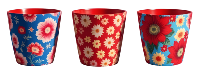 Set Flower baskets are painted with flowers isolated on transparent background
