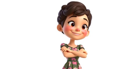 A young Caucasian girl with brown hair in a bun, wearing a green and pink dress, smiling with her arms crossed