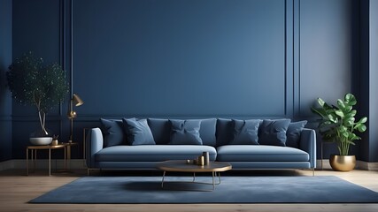 Premium livingroom in blue tones trend. Empty wall for art blank background. Large dark blue couch with navy walls. Luxury lounge room design or reception hall or office space. Generative AI