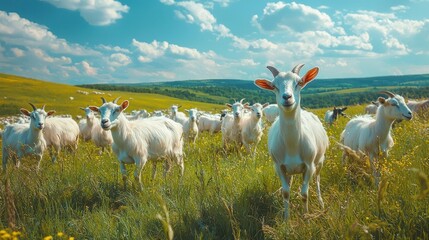 Showcase a goat herd grazing in open fields