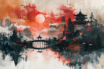 Fototapeta premium Japanese Sunset Landscape with Pagoda and Bridge.