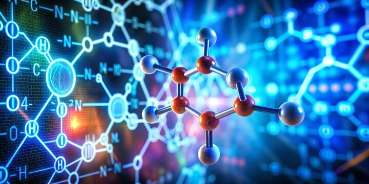 3D Rendering of Molecular Structure with Blue and Red Atoms, Molecular Model , Chemistry , Science , Research