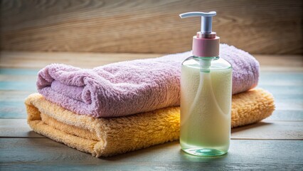 A bottle of liquid soap with two towels on a wooden surface, soap bottle, towels, wooden surface, spa