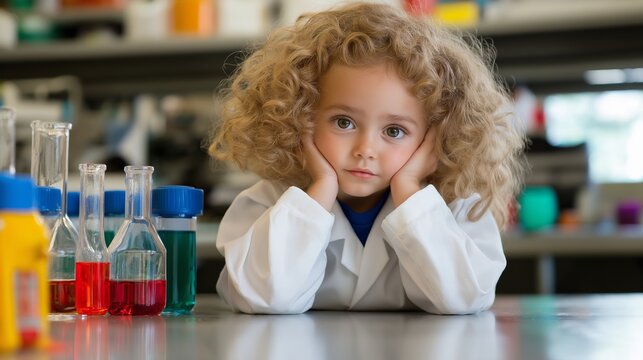 A young girl in a lab coat is sitting on a table with several beakers and test tubes. She is in a state of deep thought or contemplation