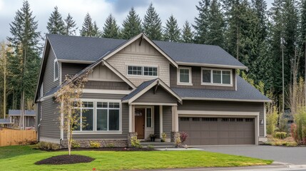 Obraz premium A modern, two-story home with a grey and beige facade and a black roof, nestled among tall evergreen trees and a well-manicured lawn.