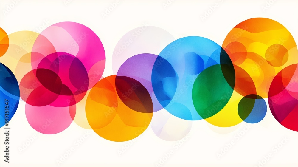 Poster a colorful line of circles with a rainbow of colors. the circles are all different sizes and are arr